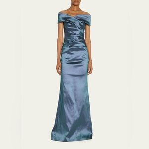 Rickie Freeman For Teri Jon Off-Shoulder Ruched Taffeta Gown in Slate US 4 $595